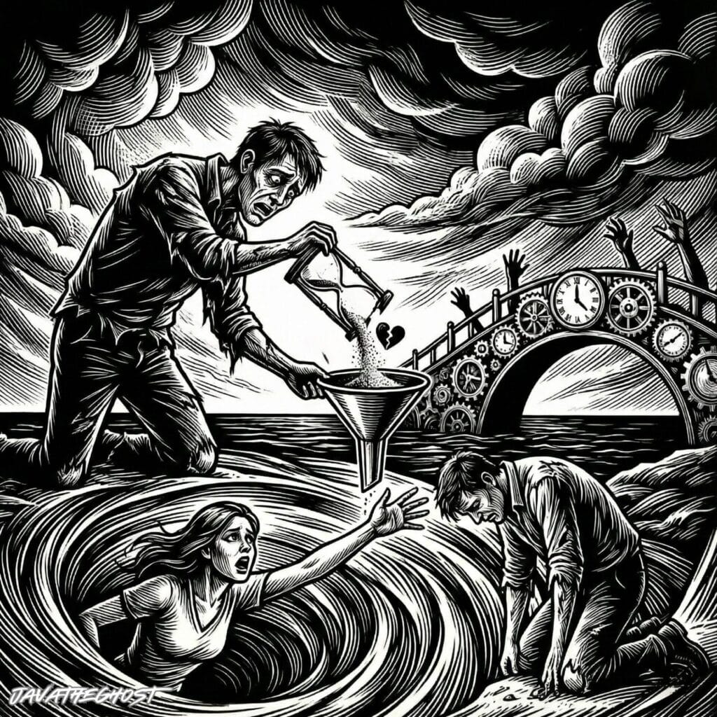 Tidal Bridge 1 A black-and-white graphic illustration shows a man kneeling at the edge of swirling water, pouring sand from a broken hourglass into a funnel while a woman below him is being pulled into a whirlpool, reaching up desperately toward him; in the background another exhausted man kneels on the shore beside an arched bridge made of gears and clock faces that spans the water under heavy, dramatic storm clouds.